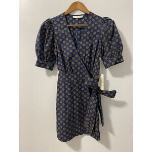 NWT Happy X Nature Polka Dot Wrap VNeck Dress $98 100% Cotton Brown Navy Blue XS